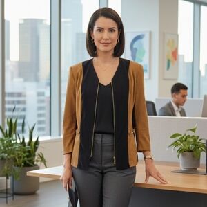 Donna Ricco black and brown color-block bomber jacket 16WP Suede‎ Feel